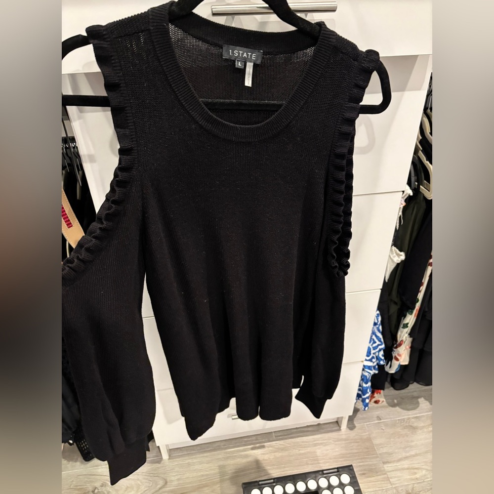NWOT- 1 state cold shoulder sweater with ruffle, black, size large